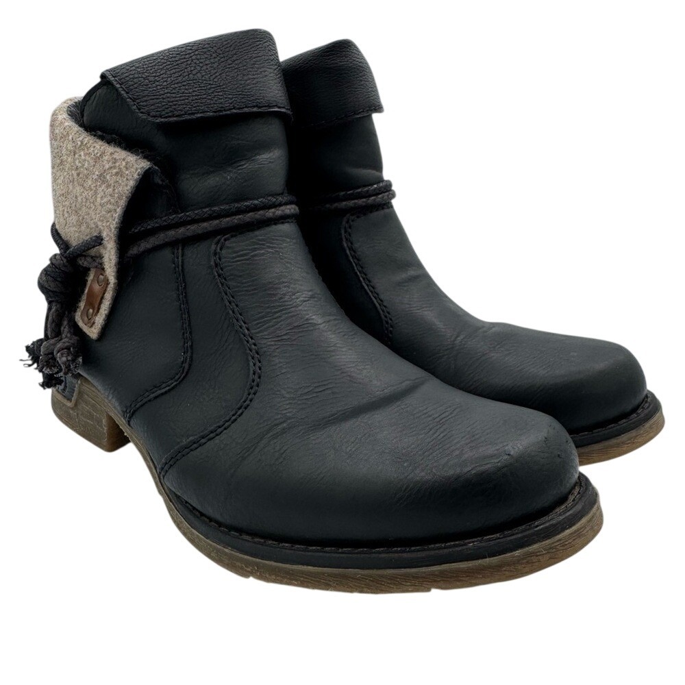 Rieker Black Synthetic Leather Black Ankle Boots with Tan Trim Women's‎ 10 (41)